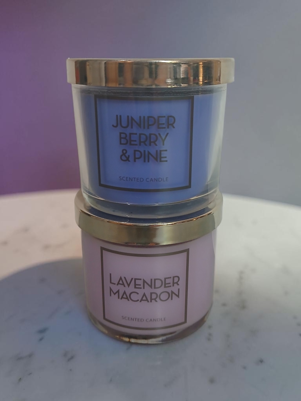 Juniper Berry & Pine and Lavender Macaron Scented Candles - Blue & Light Purple
